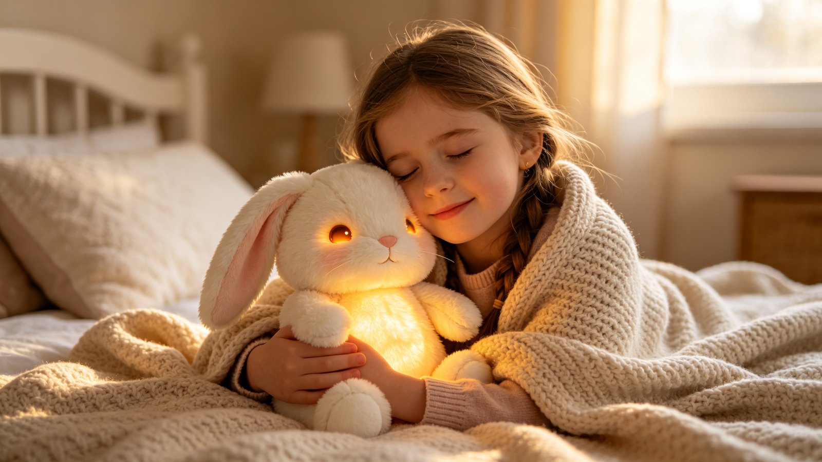 A young European girl hugging a glowing-eyed AI plush bunny in warm morning light
