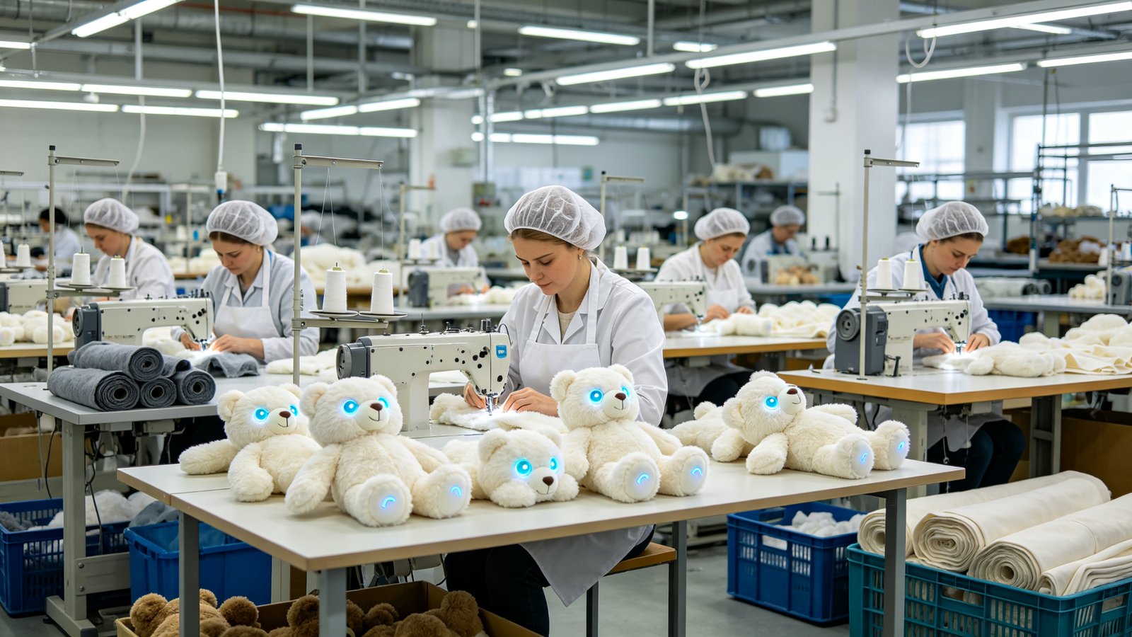 European workers sewing glowing-eyed AI plush teddy bears at a soft-toy factory production line