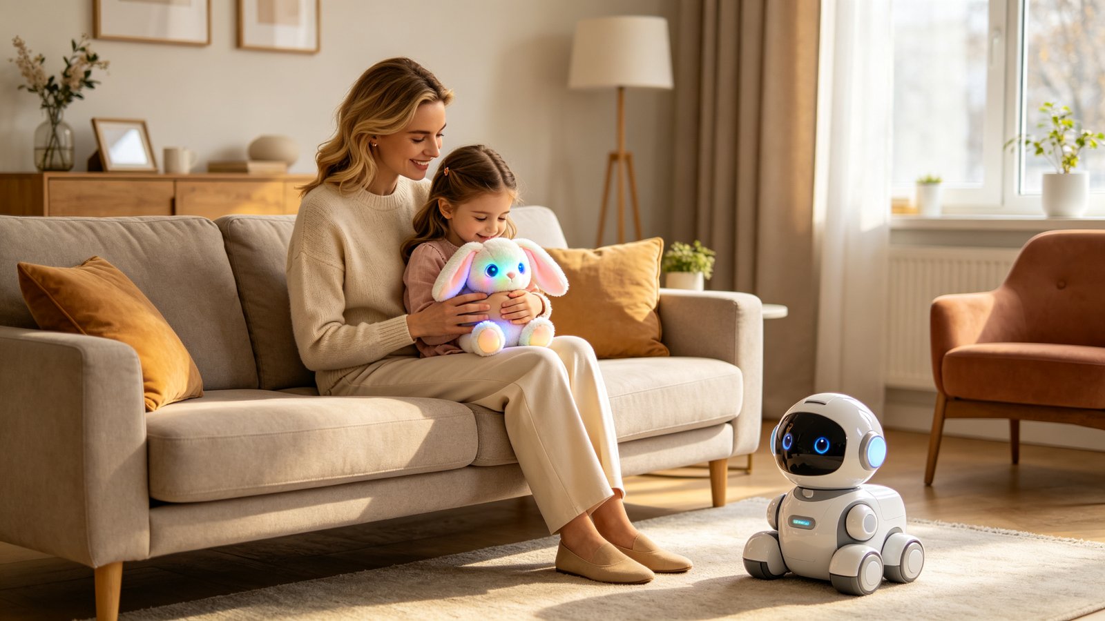 A European mother and daughter on a sofa, the girl hugging a soft AI plush bunny while a hard-shell robot sits untouched on the floor