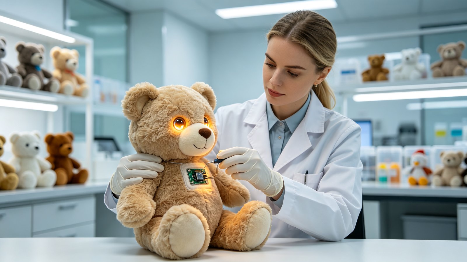 A European quality inspector testing a glowing-eyed AI plush teddy bear in a toy QC lab