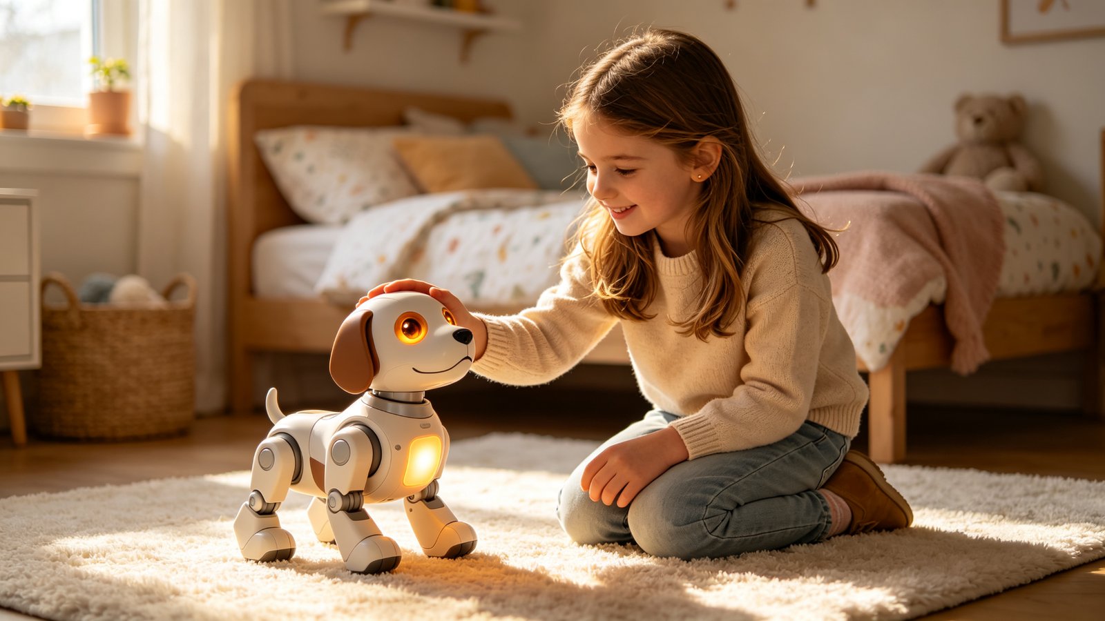 A young European girl gently petting a small AI robot puppy with glowing amber eyes in a bright bedroom