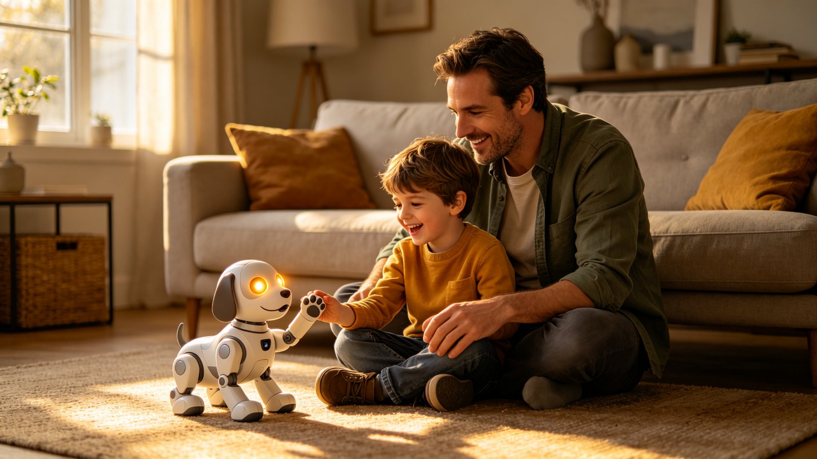 A European father and son playing with an AI robot puppy on the living room floor, the robot raising one paw