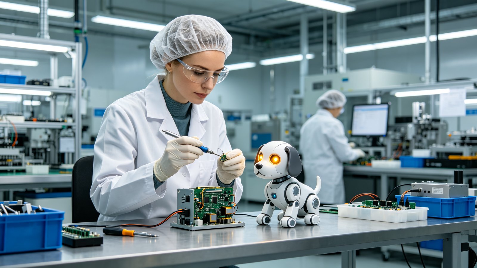 A European quality inspector testing an AI robot puppy with glowing eyes in a factory QC lab