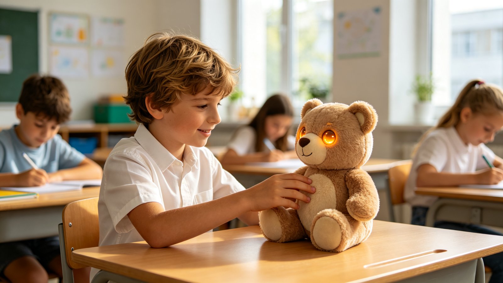 A young European student at a classroom desk interacting with a plush AI teddy with glowing amber eyes