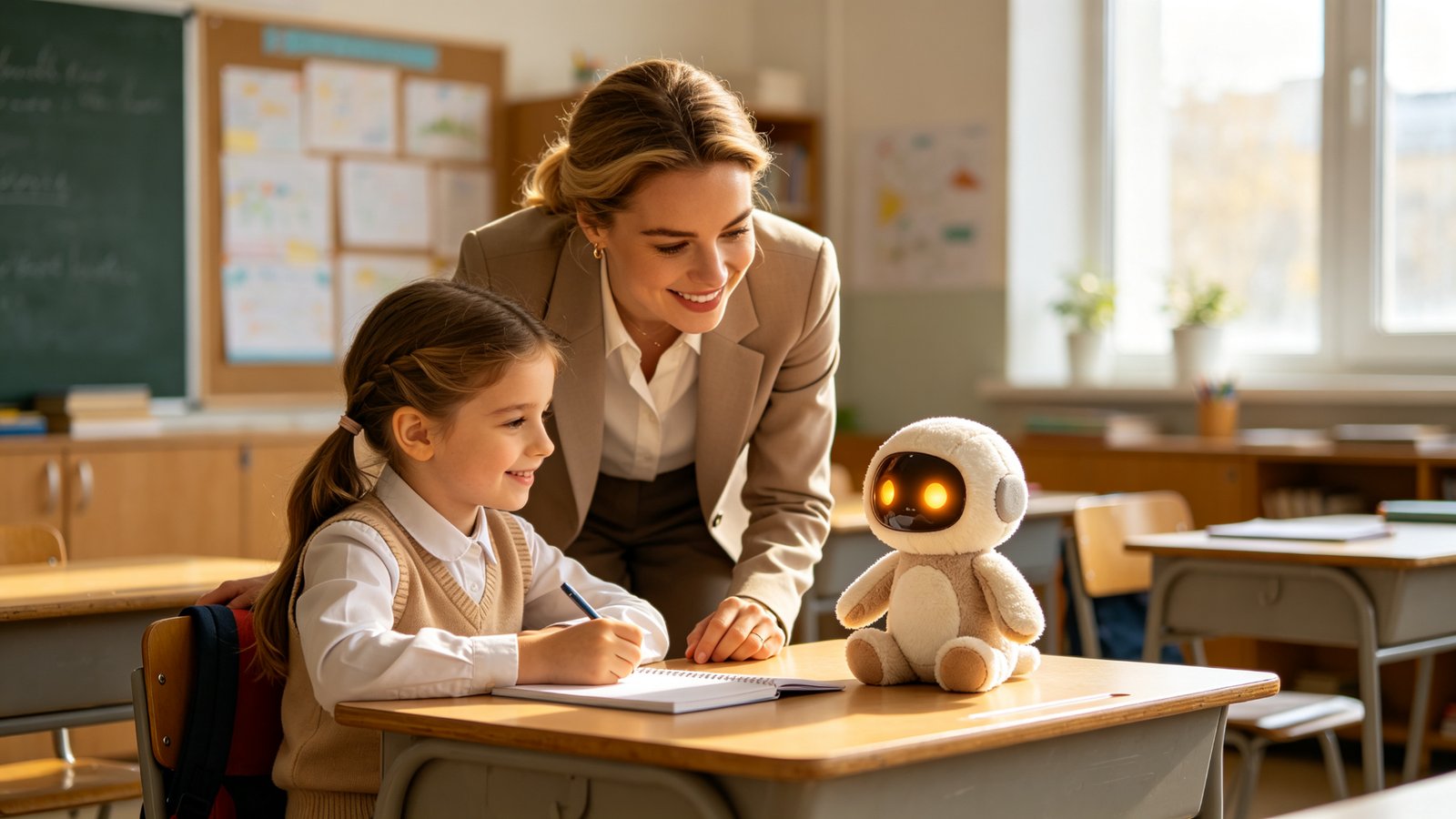 A European female teacher and a young student smiling at a glowing-eyed AI toy on a classroom desk