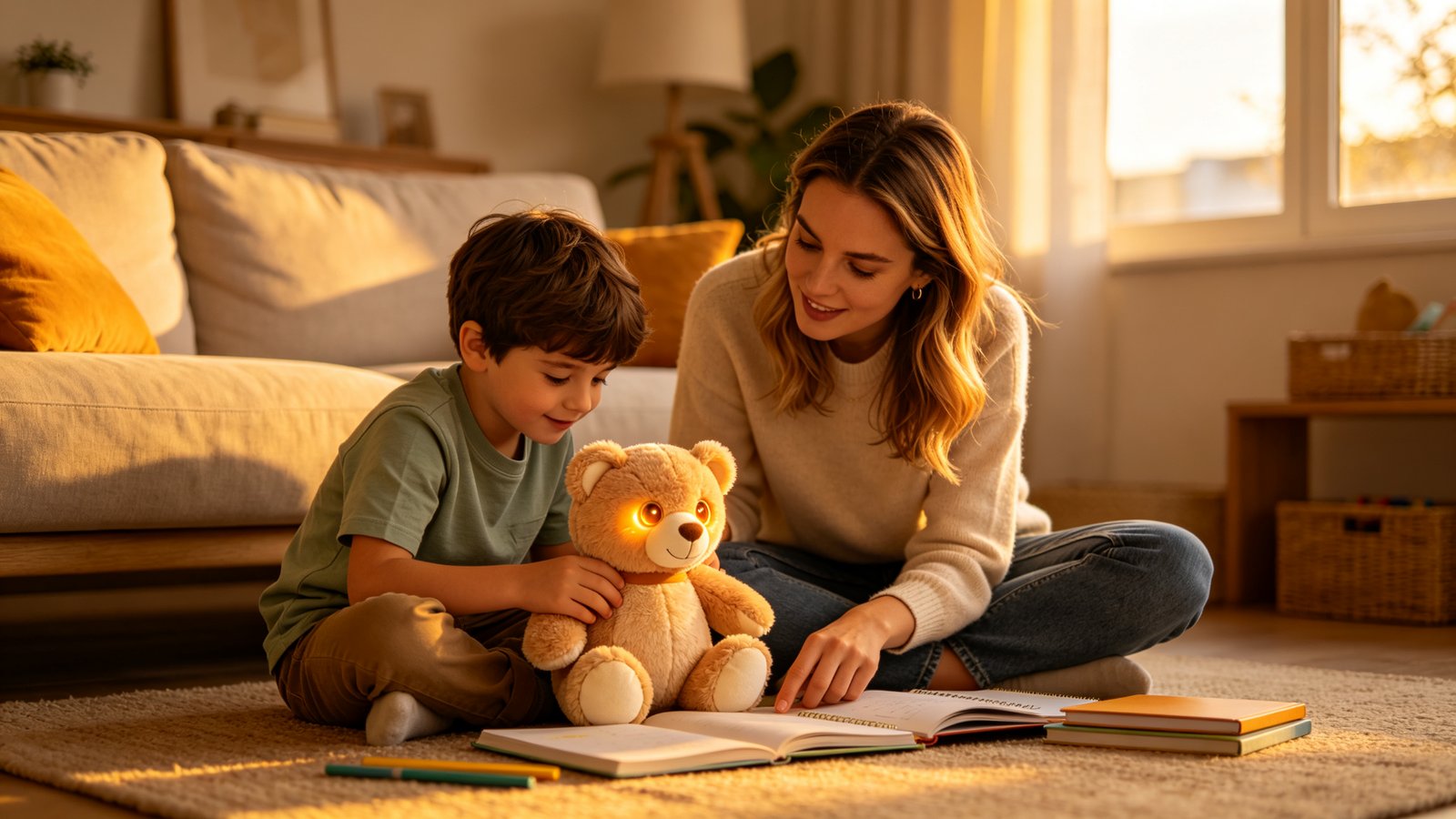 A European mother and her young son learning together with a glowing-eyed AI plush at home