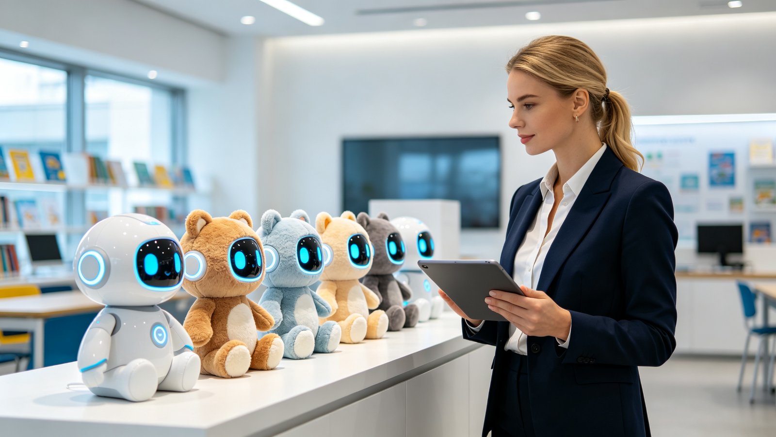 A European female education buyer evaluating a row of glowing-eyed AI plush toys in a modern showroom