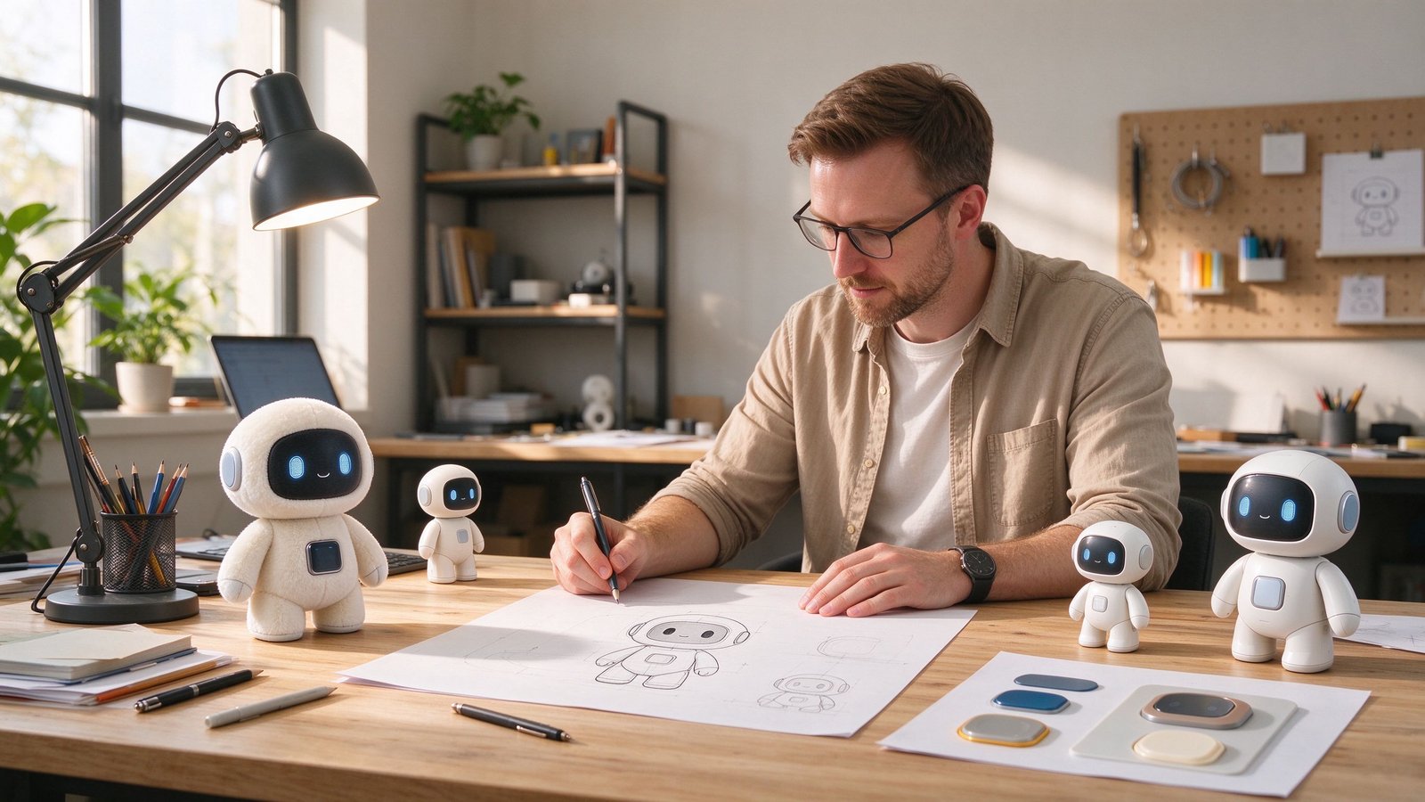 A Caucasian European product designer sketching a plush AI toy in a bright studio