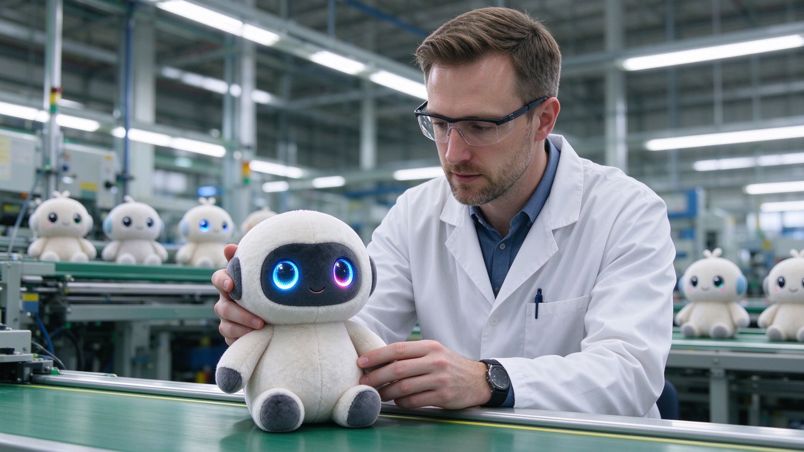 A Caucasian European engineer inspecting a glowing-eyed AI toy sample on a factory line