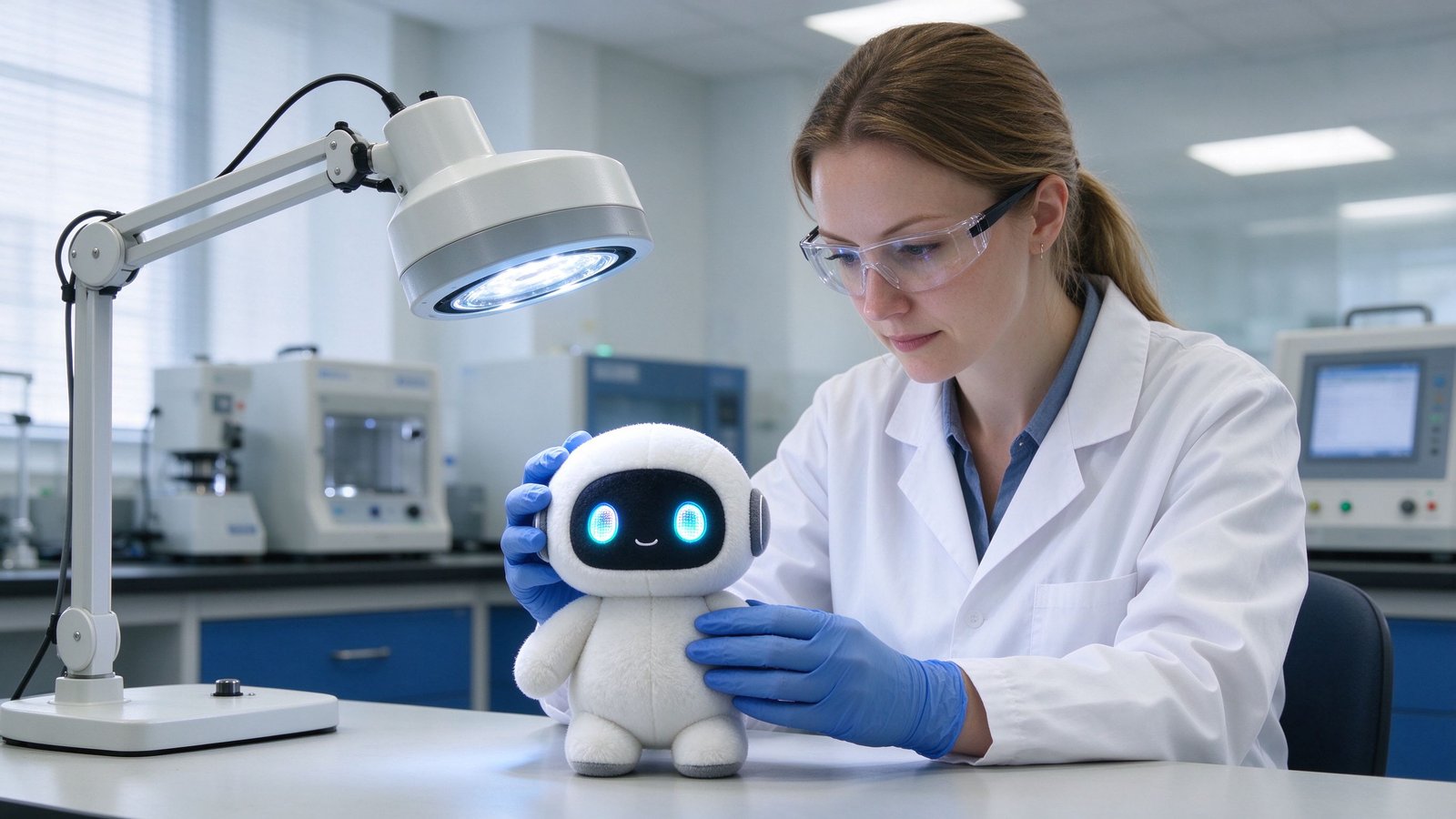 A Caucasian European female technician testing a glowing-eyed AI toy in a quality lab