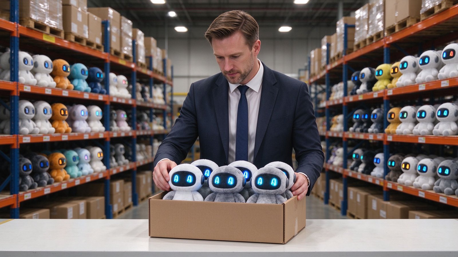 A Caucasian European buyer examining a carton of glowing-eyed AI toys ready for shipment