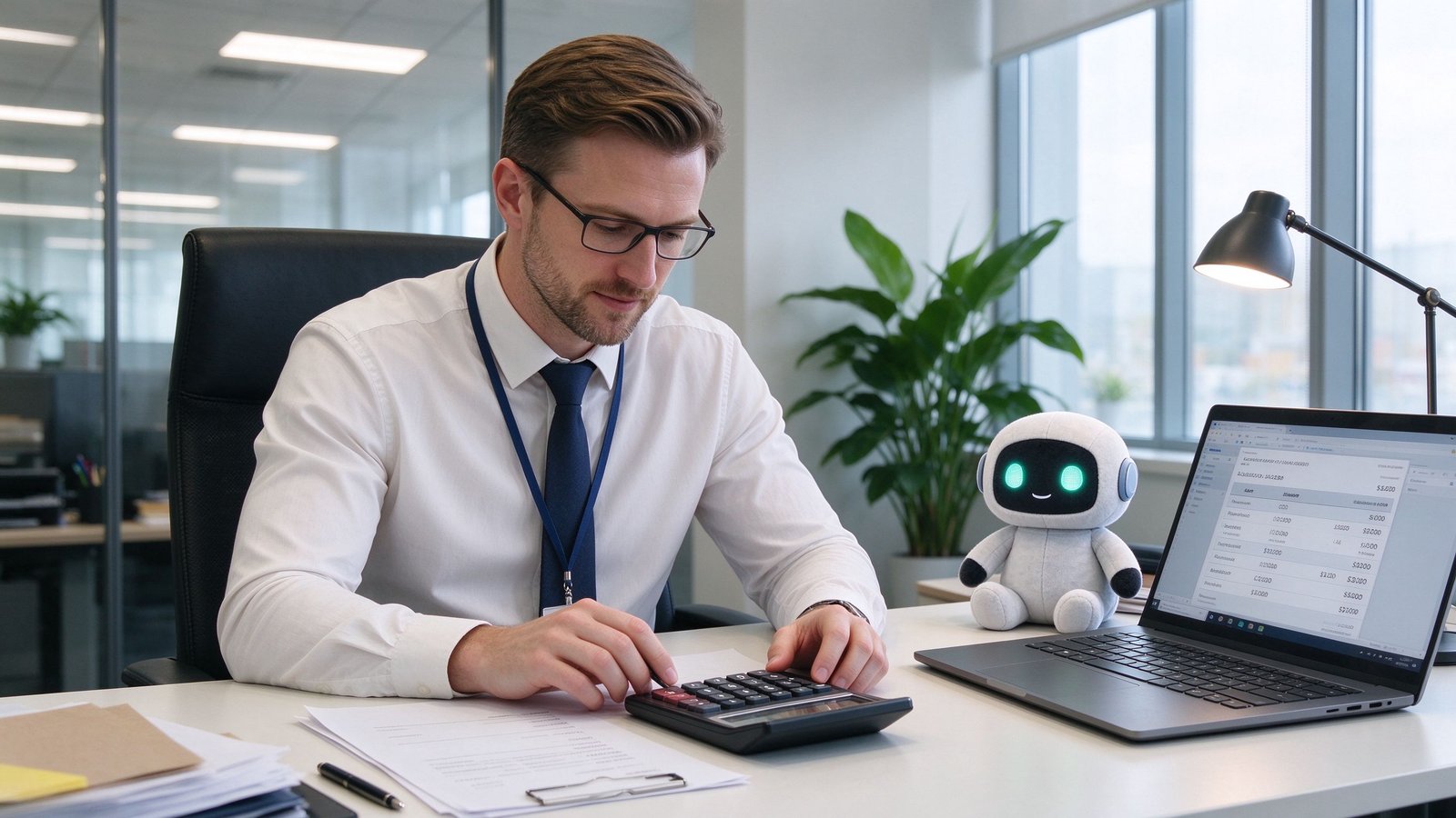 A Caucasian European importer calculating landed import costs at his office desk