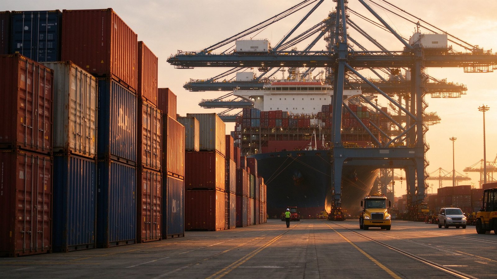 A busy container port with a cargo ship at golden hour