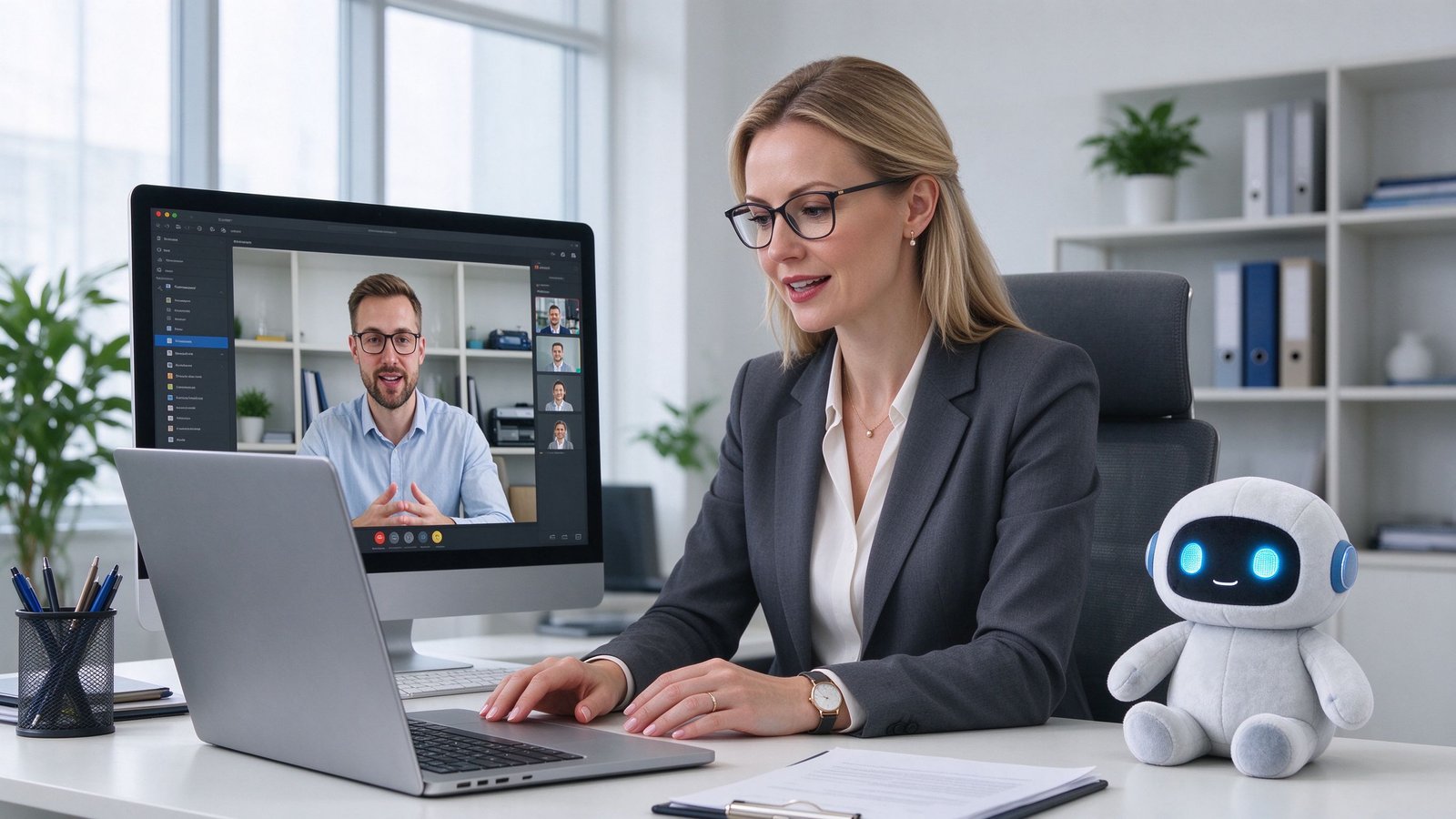 A Caucasian European female buyer on a video call discussing costs with a supplier