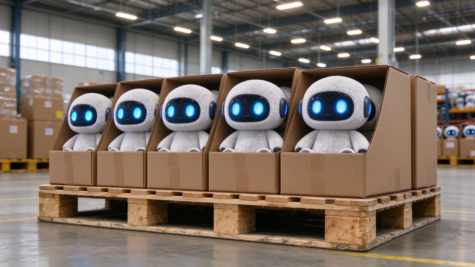 A row of glowing-eyed AI plush toys packed for export in a bright warehouse
