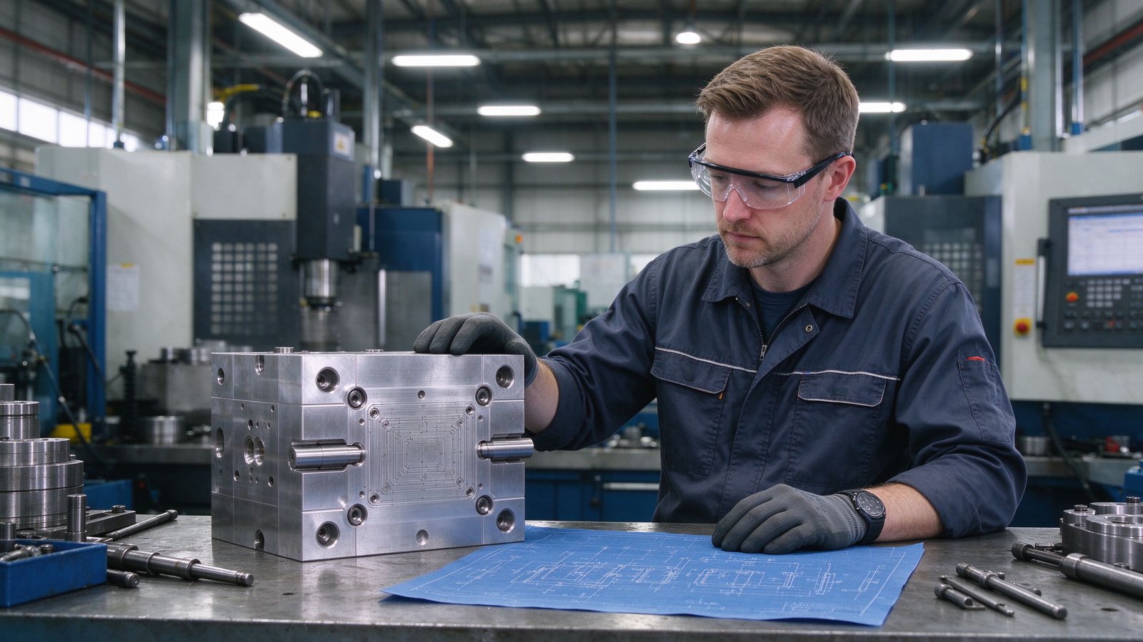 A Caucasian European mold engineer reviewing a steel injection mold block in a CNC workshop