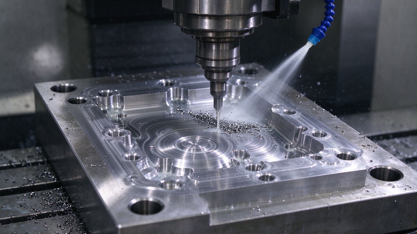 A CNC milling machine cutting a steel mold cavity with coolant spray