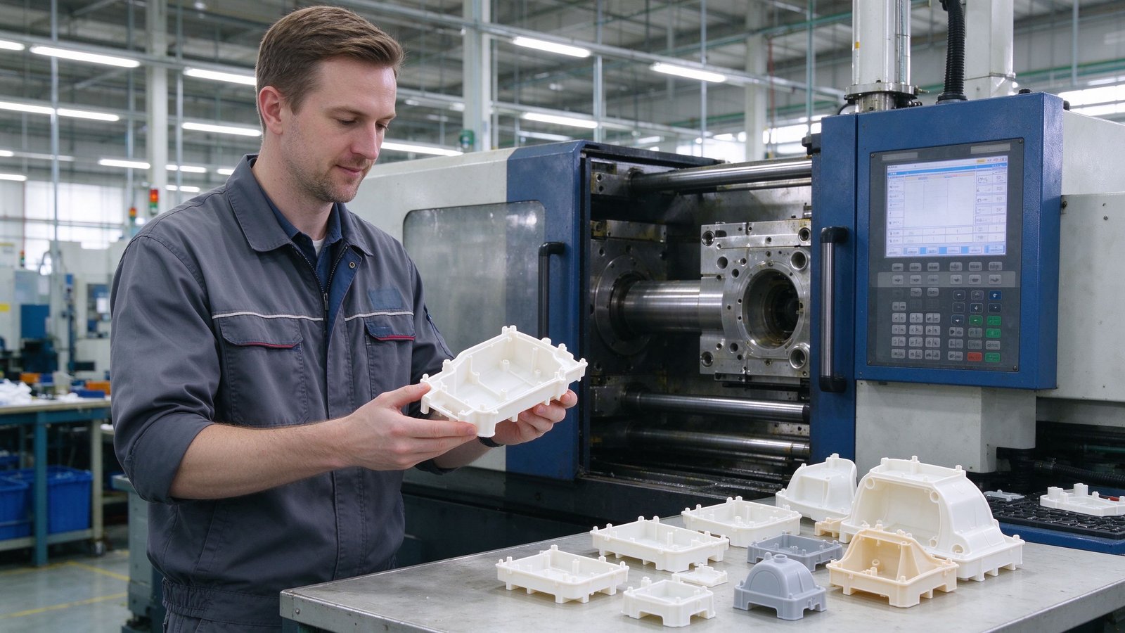 A Caucasian European operator holding a freshly molded plastic toy housing at an injection machine