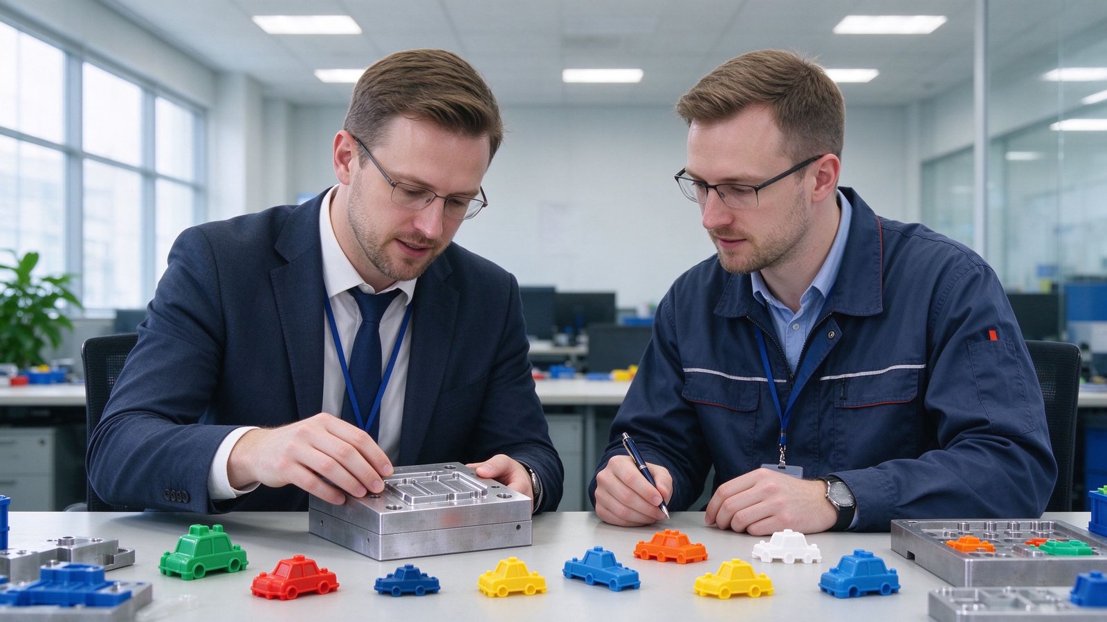 Two Caucasian European men — a buyer and a supplier engineer — reviewing a mold sample at a factory meeting table