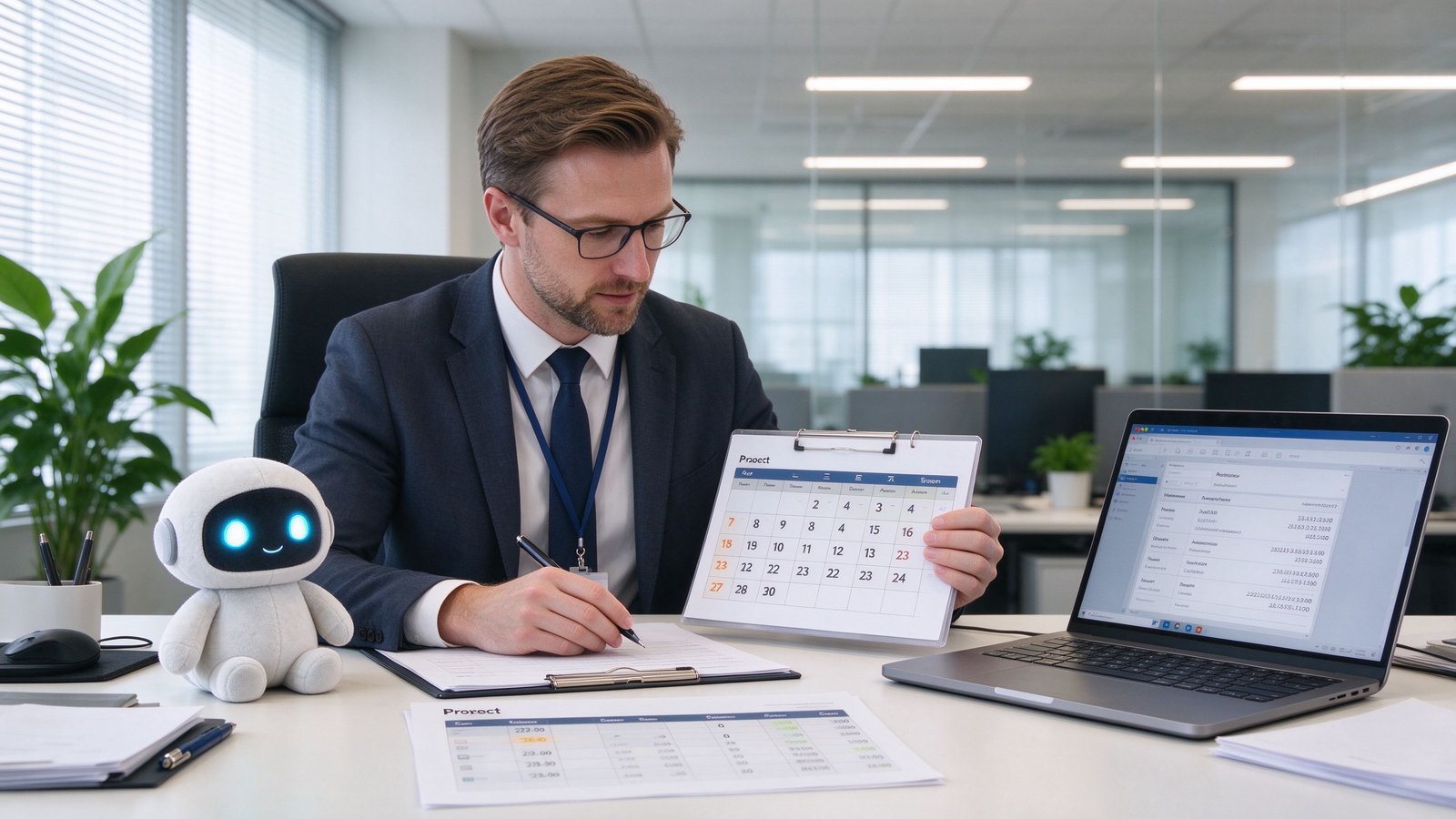 A Caucasian European buyer reviewing a production calendar with an AI toy on his desk