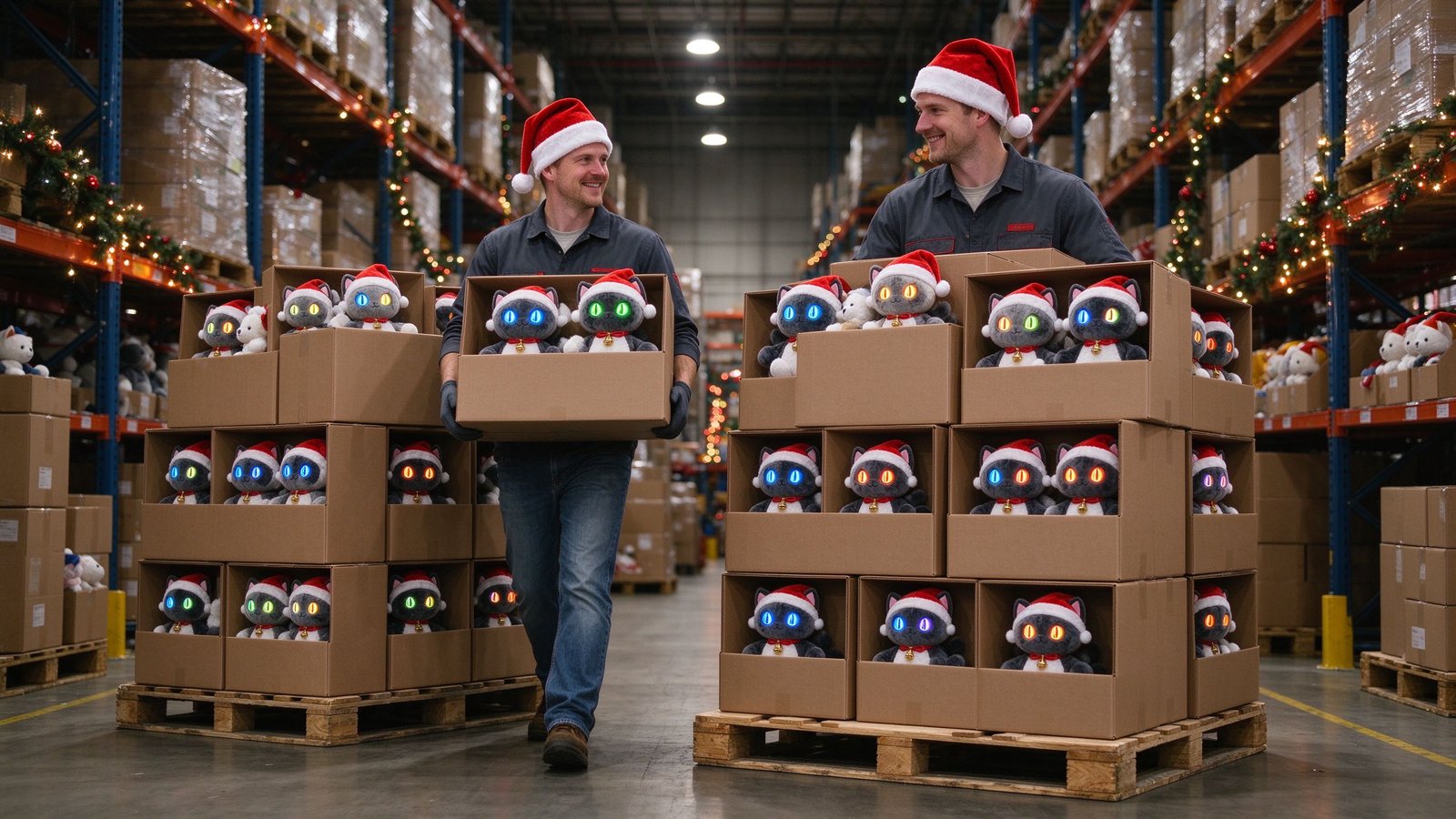 Two Caucasian European warehouse workers moving pallets of AI plush toys at peak season