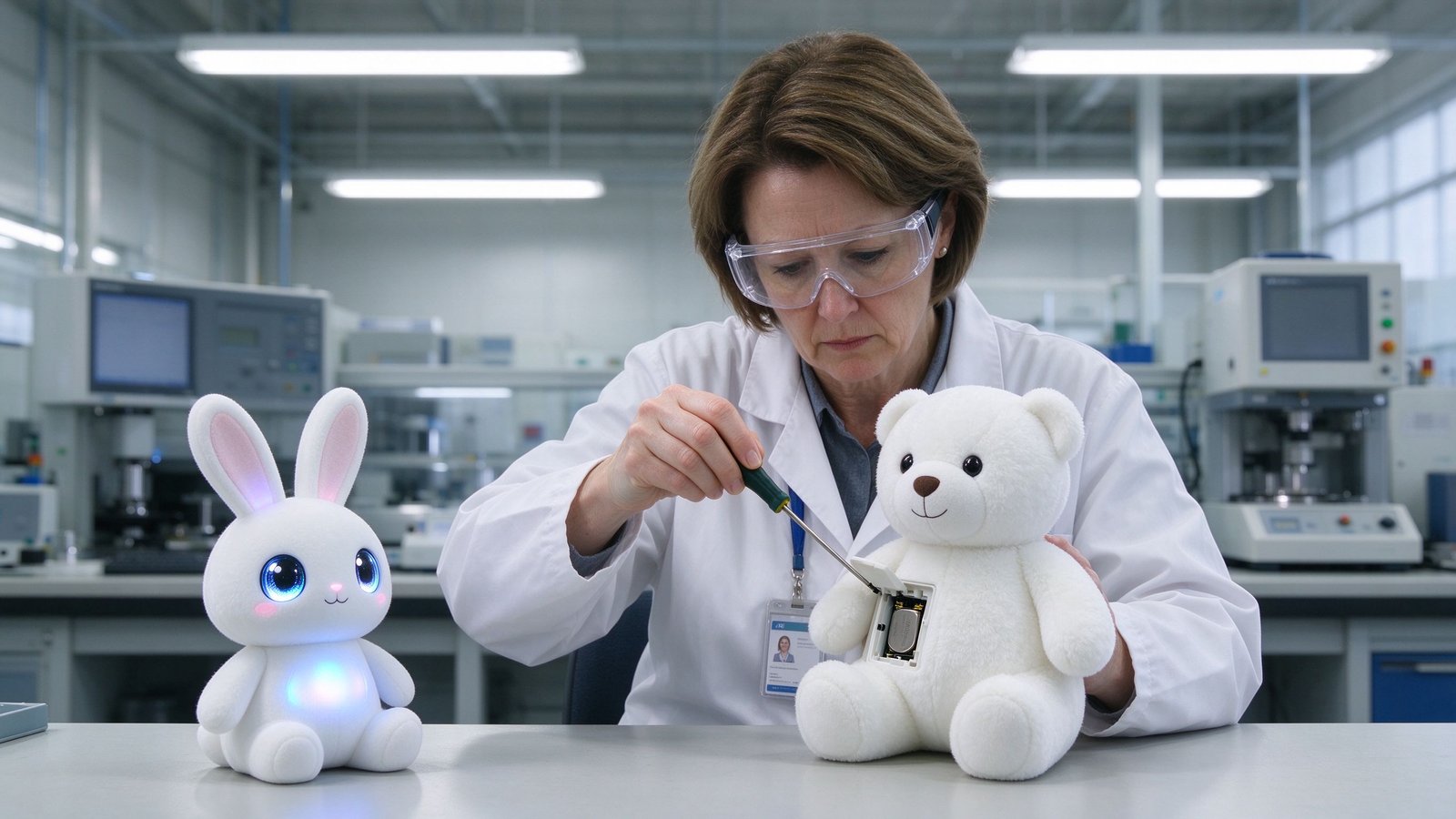 A Caucasian European female quality engineer using a screwdriver to open a toy battery compartment during a safety inspection