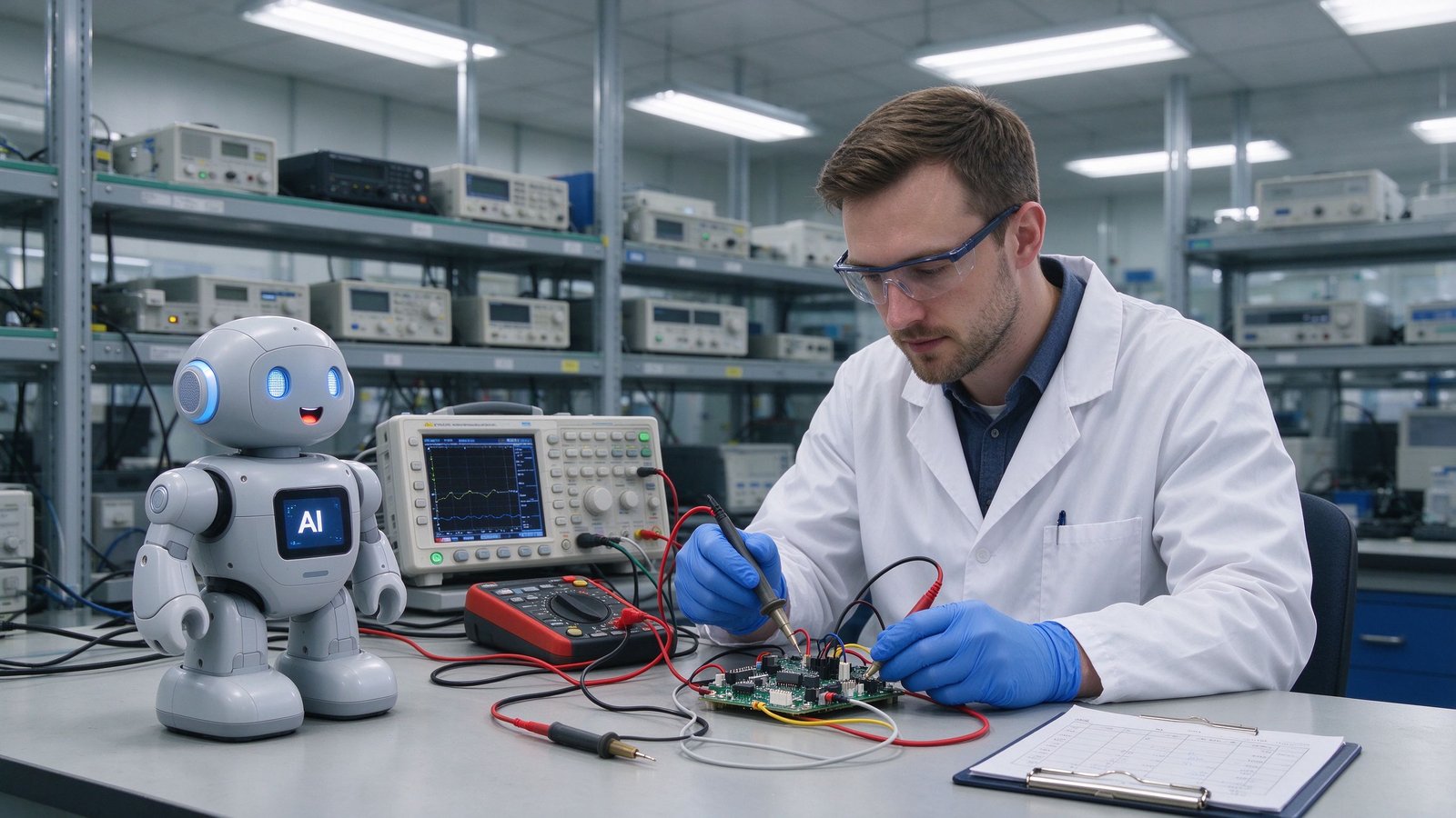 A Caucasian European laboratory technician in gloves testing a talking toy on an electronics bench