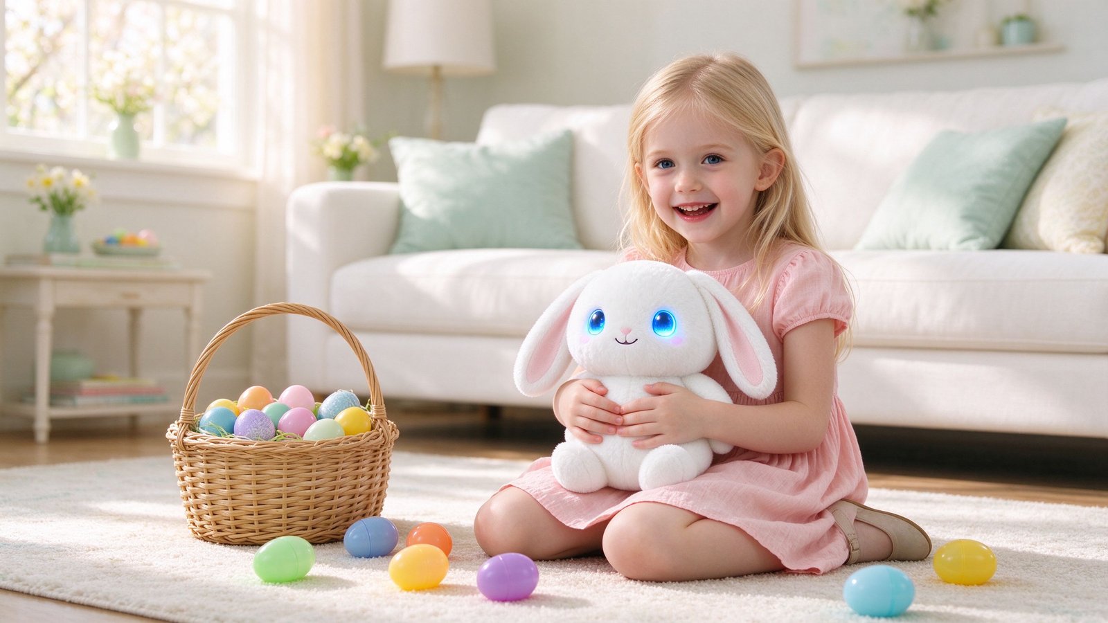 A young Caucasian European girl on Easter morning hugging a white AI plush bunny with glowing blue eyes, pastel eggs in a wicker basket