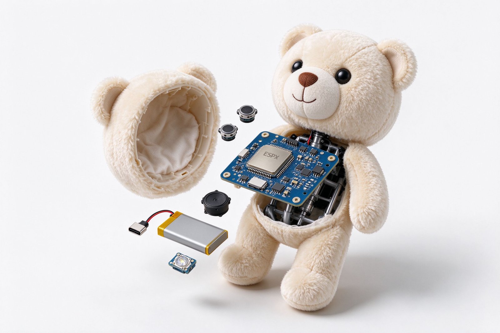Exploded view of an AI plush bear showing internal PCB, microphones, speaker, battery and fabric shell