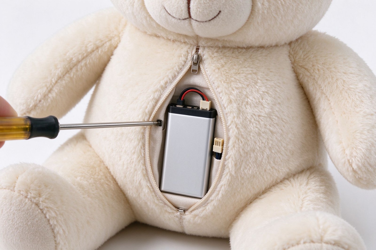 Cream plush bear with belly opened by screwdriver showing removable Li-Po battery in a fabric pocket