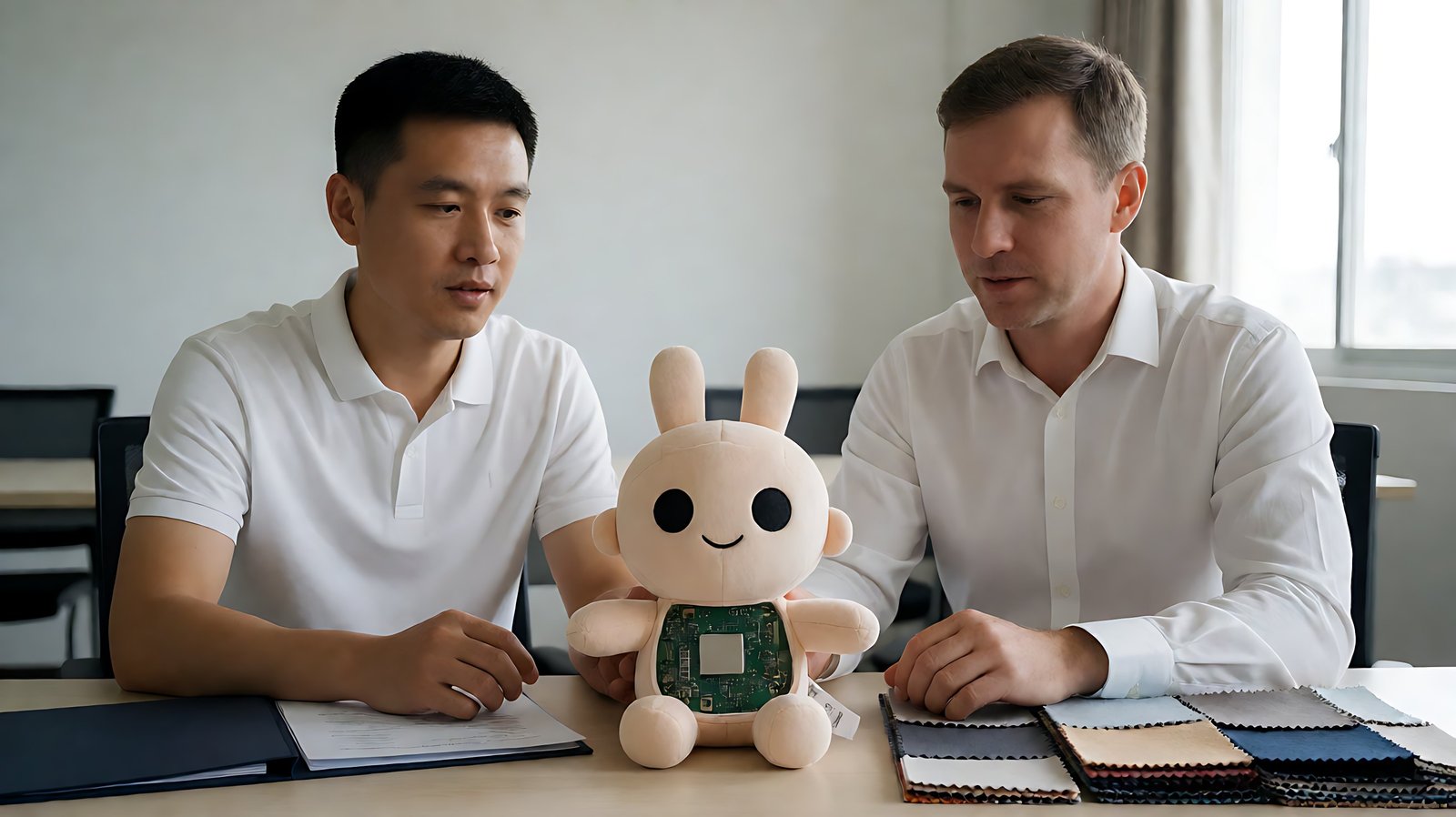 Engineer and buyer reviewing an AI plush prototype electronics module and certification documents