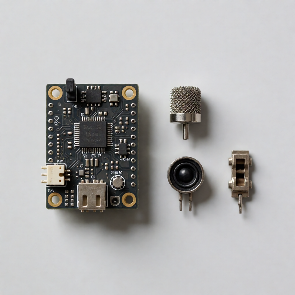 Top-down flat lay of an AI plush toy circuit board with a MEMS microphone, speaker driver and mute switch