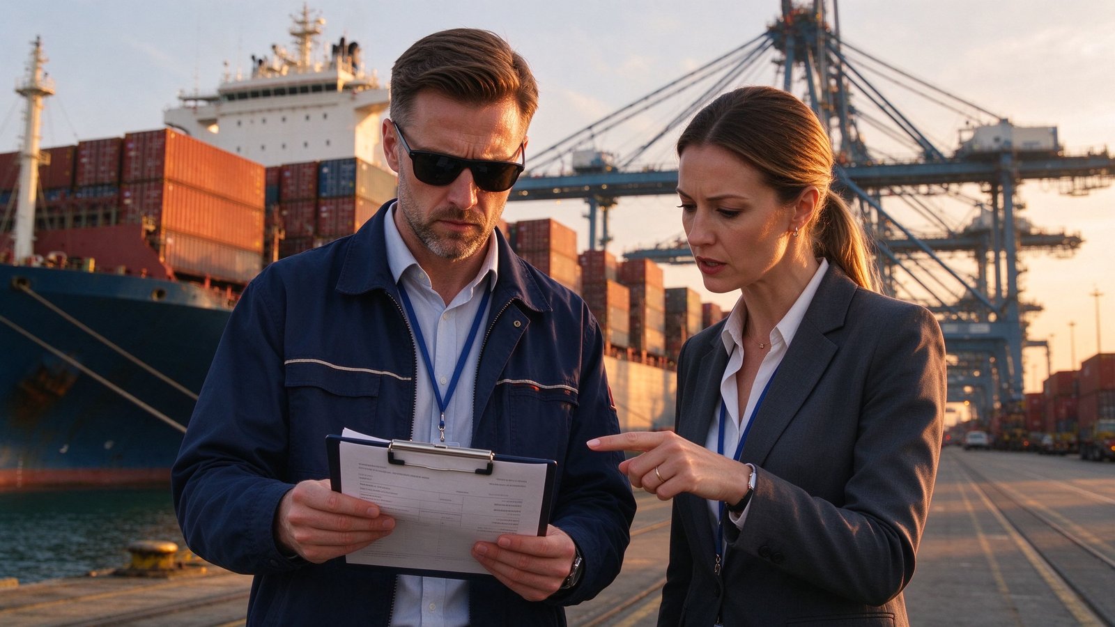 Sea freight container port and freight forwarders reviewing shipping documents