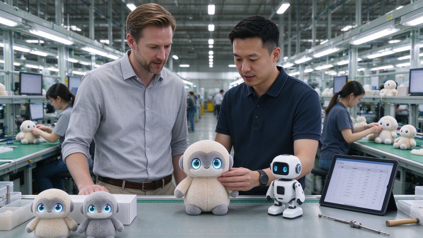 European buyer and Chinese engineer inspecting AI plush toy samples on the factory production line