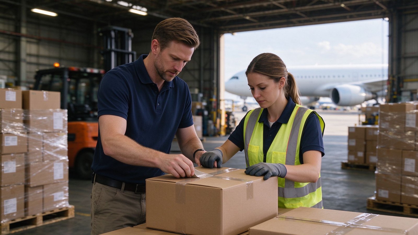 Air freight warehouse workers sealing export cartons for urgent Black Friday restock