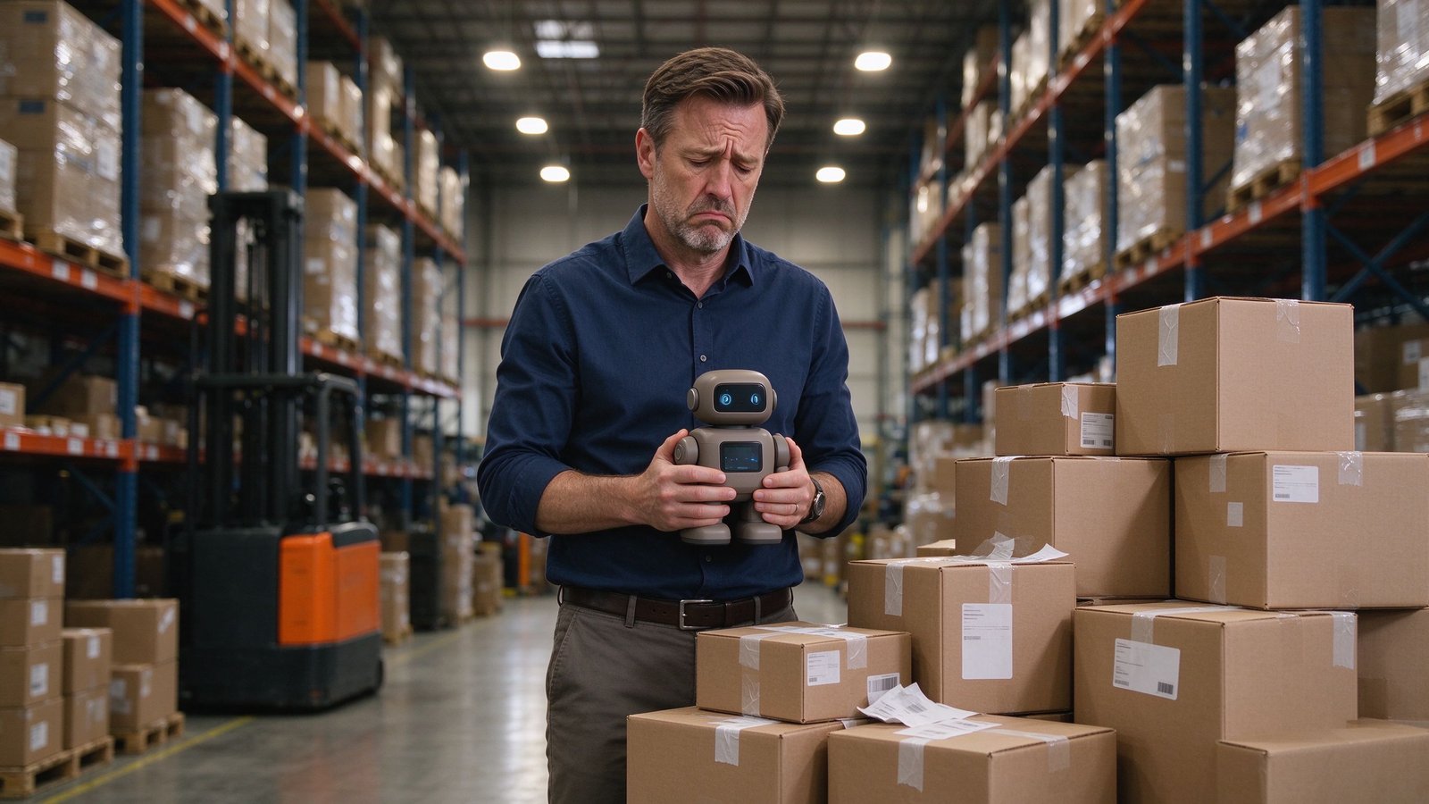 European import manager in a warehouse surrounded by returned AI toy cartons