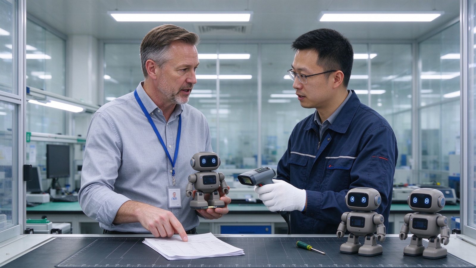 European buyer and factory QC engineer reviewing batch traceability records at an inspection bench
