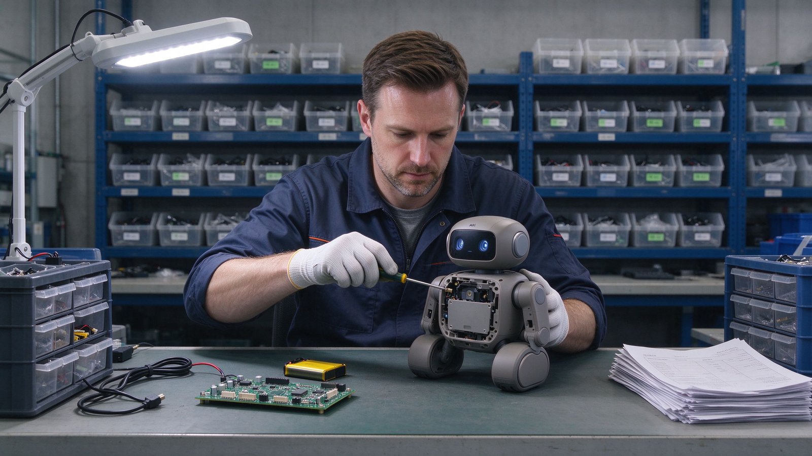 European after-sales engineer repairing an AI toy with spare parts shelves in the background