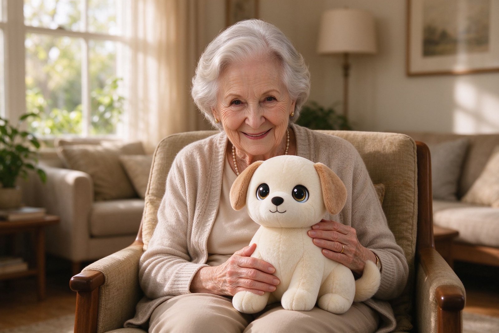 Caucasian elderly woman in her 70s sitting in an armchair, gently holding a soft cream-colored AI companion plush pet on her lap in a sunlit living room