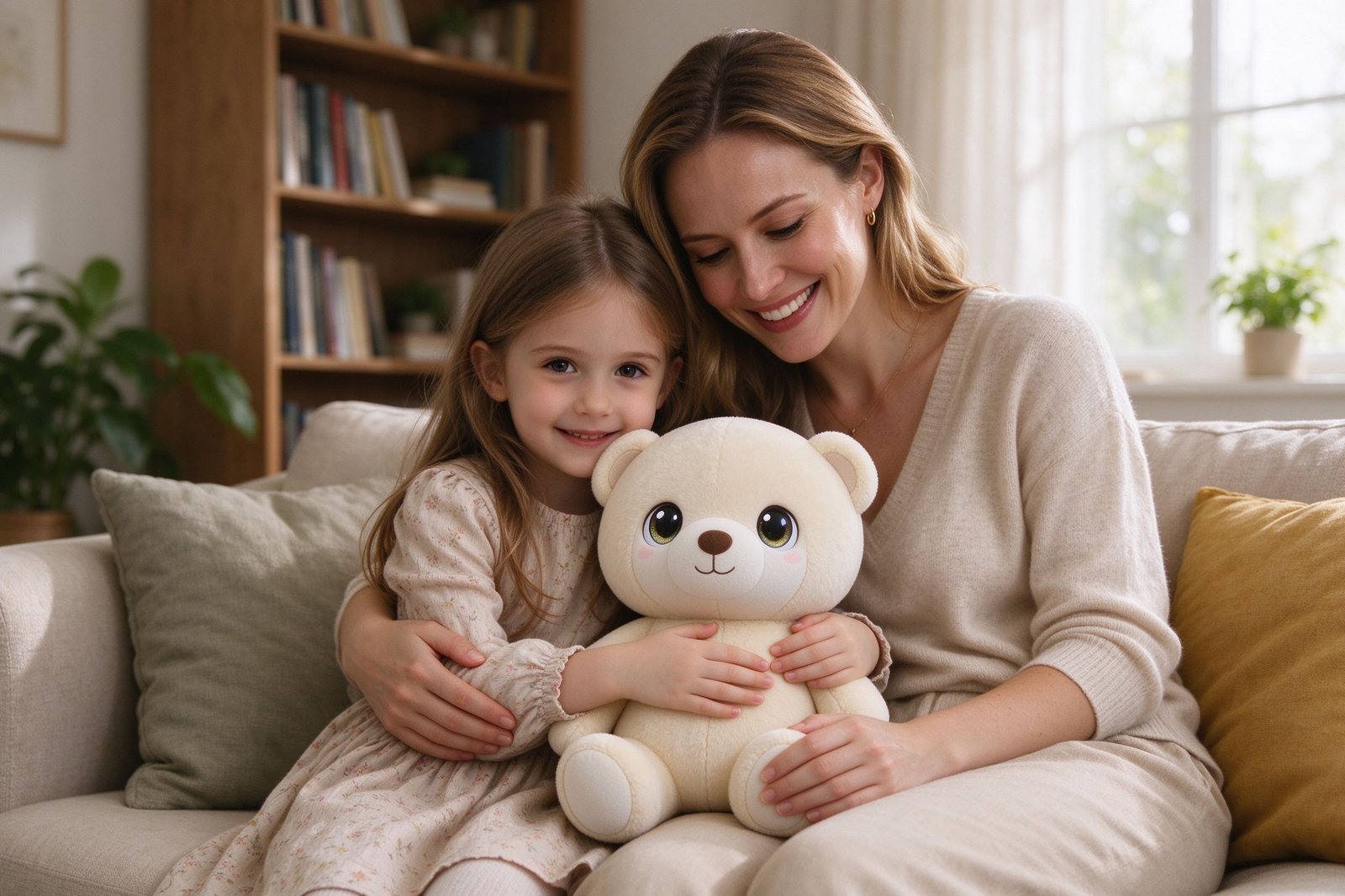 Caucasian mother and daughter on a sofa, the girl hugging a soft cream-colored AI companion plush bear, warm sunlit living room with a bookshelf